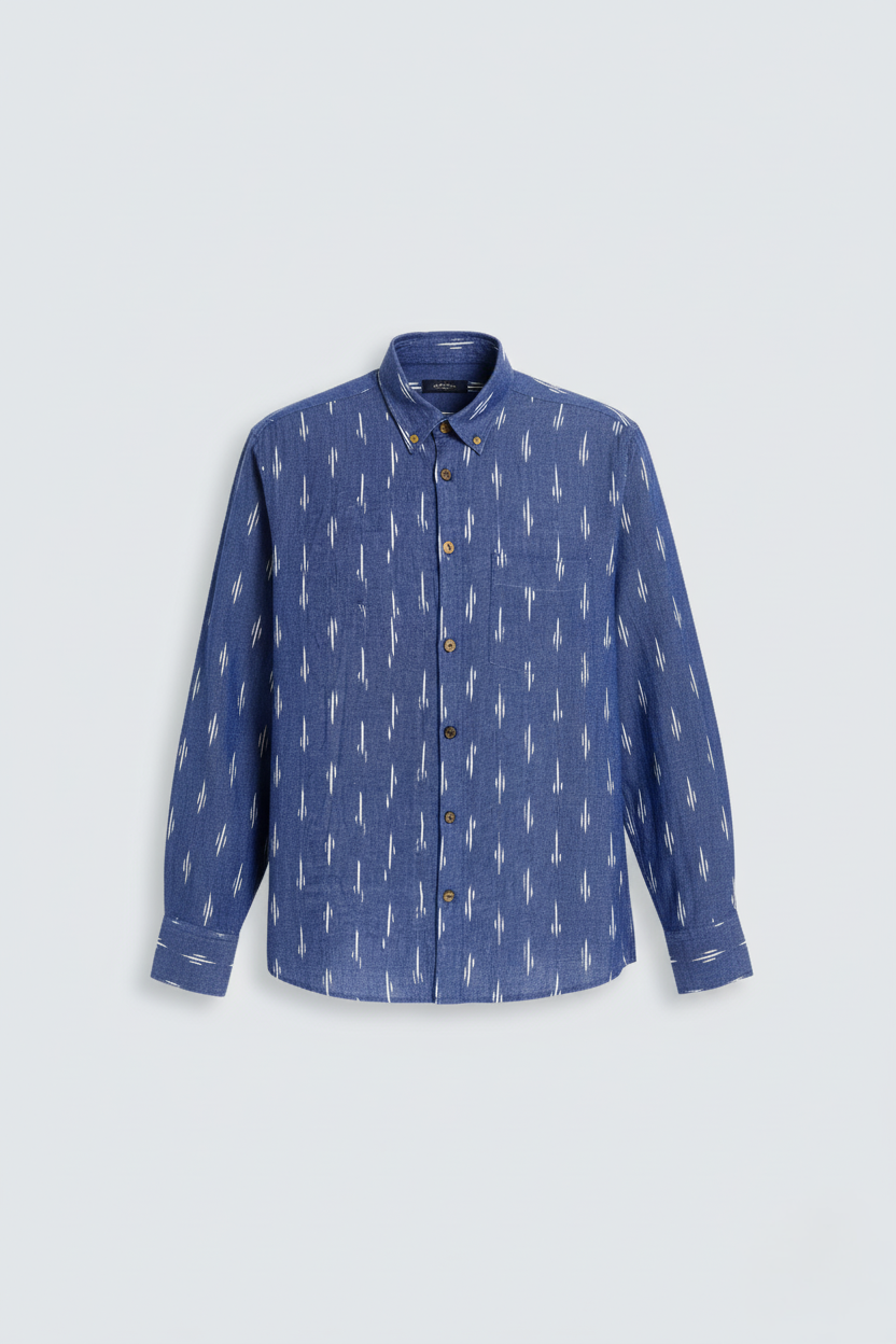COTTON - LINEN INDIGO IKAT PRINT SHIRT