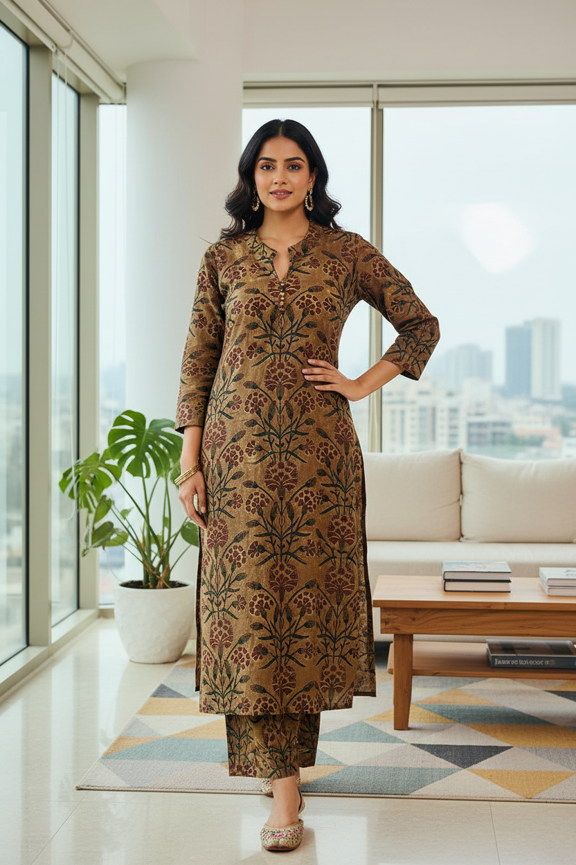 Floral Kurta Set – Brown Block Print Co-ord
