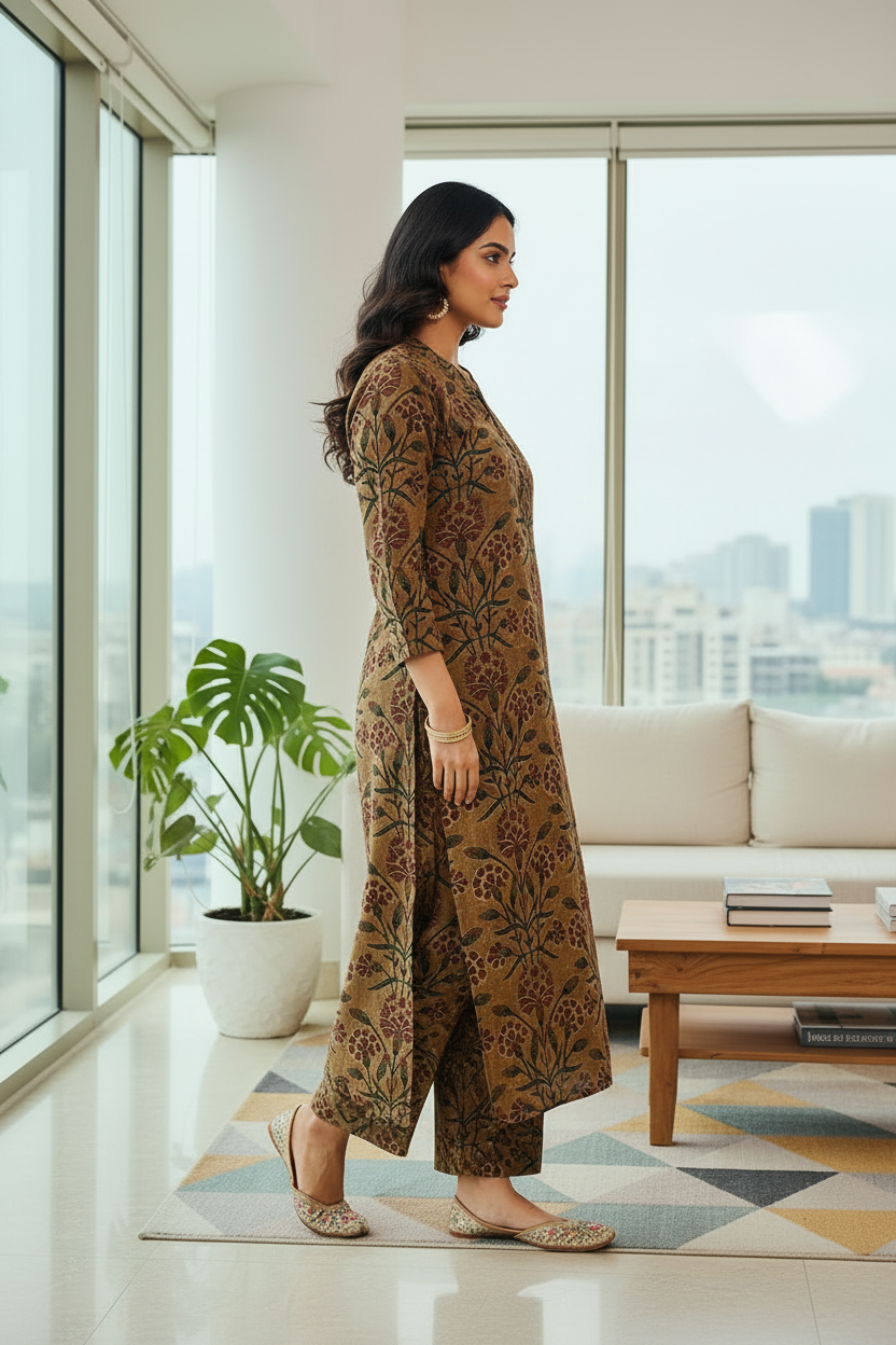 Floral Kurta Set – Brown Block Print Co-ord